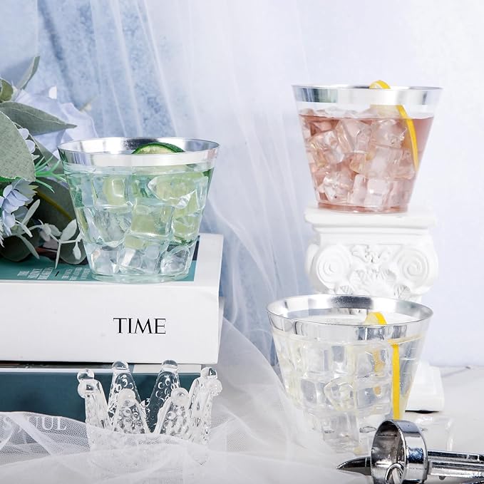 Ciaell 200PCS Silver Plastic Cups - 9Oz Heavy Duty Plastic Cups - Silver Rimmed Cup - Disposable Clear Cup with Silver Rim for Party & Wedding