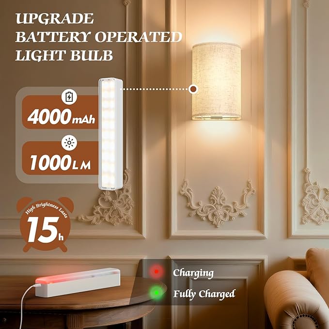 OCATO Battery Operated Wall Sconce: Wireless Wall Sconces Set of Two Magnetic Lamp Rechargeable Lights Dimmable with 16 RGB Colors Fabric Linen Shade with Remote Walls Decor for Bedroom Living Room