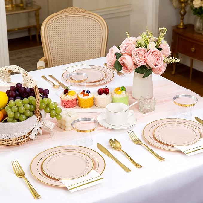 GATHER 350PCS Pink Plastic Plates - Disposable Plastic Dinnerware Set Include 100 Pink Plates, 150 Silverware, 50 Napkins, 50 Cups for Party & Wedding