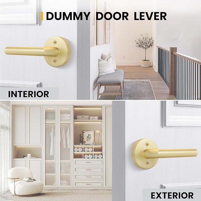 Goldenwarm Gold Door Handles Dummy, Bruhsed Gold Door Handle Zinc Alloy, No-Turning Dummy Door Levers for Closet Hallway(4 Pieces/2 Pack)