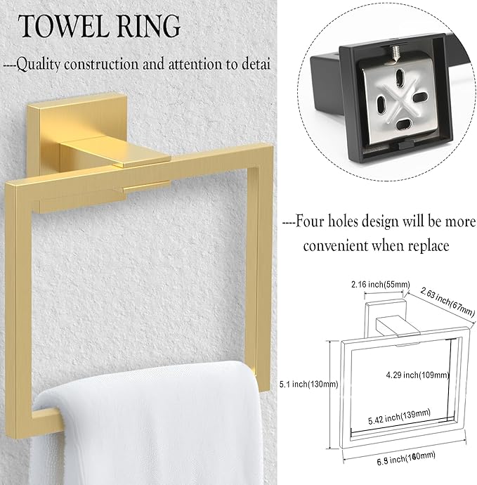 BOZWELL 4 Pieces Light Brushed Gold Stainless Steel Towel Bar Set, 23.6 inch Square Bathroom Hardware Accessories Set,Wall Mounted Towel Racks for Bathroom