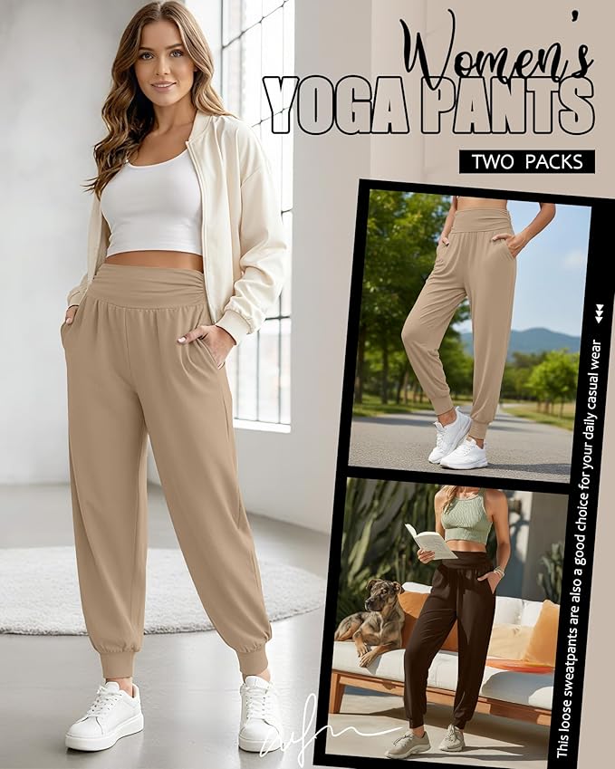 2 Pack Women's Yoga Joggers, Cozy Sweatpants with Pockets Casual Loose Comfy High Waisted Lounge Pants