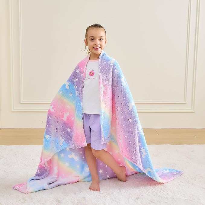 Wajade Unicorn Gifts for Girls - Glow in The Dark Unicorn Blanket Birthday Christmas Decor for Kids Age 3 4 5 6 7 8 9 10 11 12 Years Old Teens Child Toddler Throw Rainbow 60"x80"