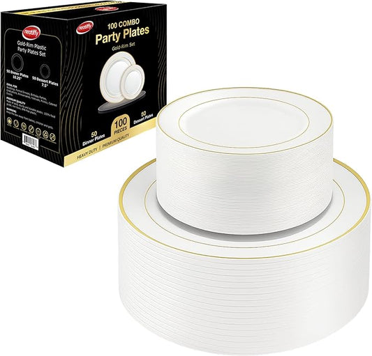Neatiffy100 Pcs Gold Rim Plastic Dinnerware Set (50 Guest) | 50 x (Dinner Plate, Dessert Plate) | For Wedding, Luxurious Party, Special Event