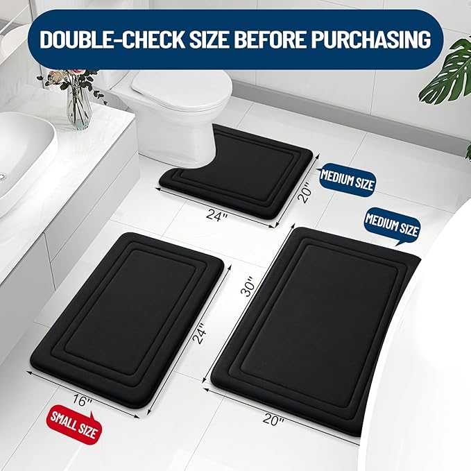 Grandaily Memory Foam Bath Mat Rug 44x24, Ultra Soft, Non-Slip and Absorbent Bathroom Rugs, Machine Wash Dry, Comfortable Bath Carpet for Bathroom Floor, Tub and Shower, Black