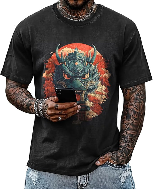 Mens Dragon Grpahic T-Shirts Short Sleeve 100% Cotton Crewneck Big and Tall Outdoor Summer Quick Dry Undershirts
