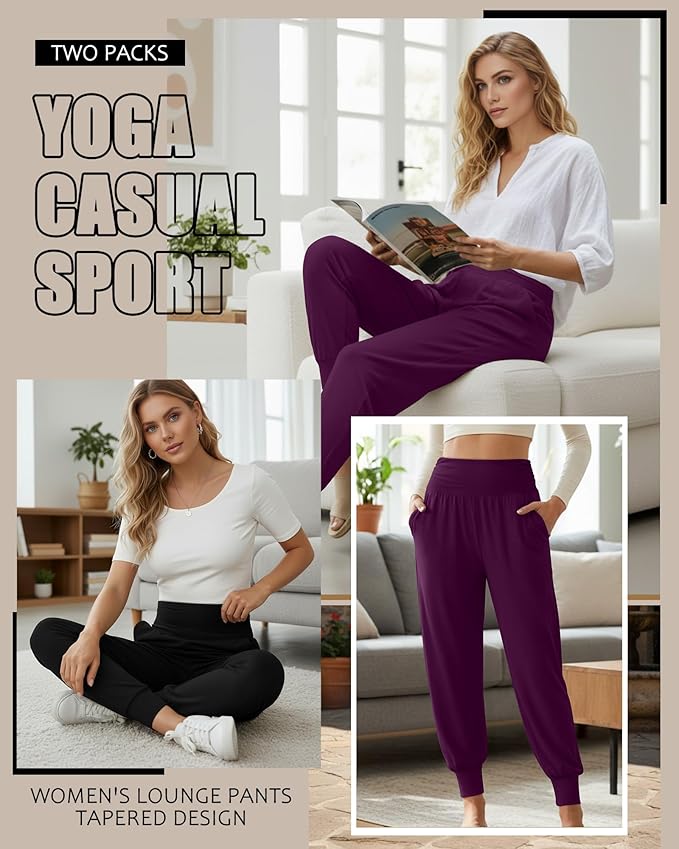 2 Pack Women's Yoga Joggers, Cozy Sweatpants with Pockets Casual Loose Comfy High Waisted Lounge Pants