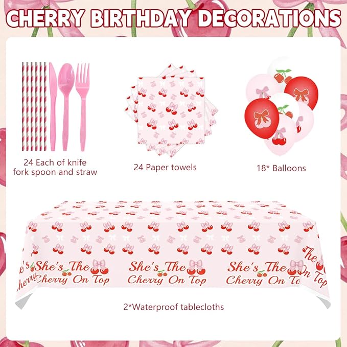 Birthday Party Decorations, Pink Cherry Theme Party Kit for Sweet Ladies and Girls, Total 214 PCS for 24 People, Including Banners,Cherry Plates,Cups and Other PINK Birthday Party Decorations