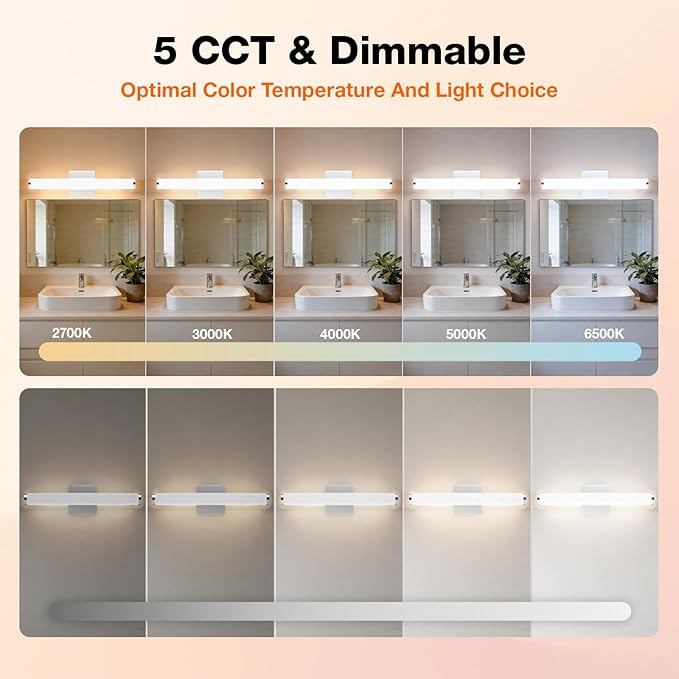 LEDVANCE Sylvania 24" Modern Vanity Lights for Bathroom, 22W, 5 Temperature Select (2700K/3000K/3500K/4000K/6000K), Dimmable, Round Shape, Brush Nickel, with Accessories - 1 Pack (66560)