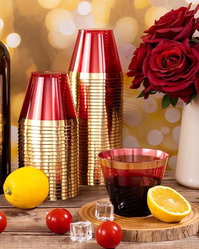 Ciaell 200PCS Red Plastic Cups - 9 Oz Gold Plastic Cups - Heavy Duty Gold Rimmed Disposable Cup - Disposable Wine Glasses with Gold Rim for Party & Wedding & Christmas