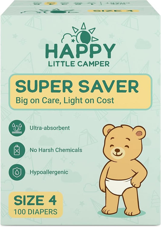 Happy Little Camper Super Saver Diapers, Size 4, 100 Count | Budget-Friendly Disposable Baby Diapers for Sensitive Skin | Hypoallergenic, Fragrance-Free, Ultra Absorbent