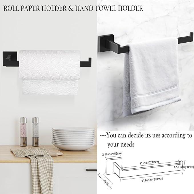 BOZWELL 5 Pieces Matte Black Bathroom Hardware Accessories Set Square Towel Racks for Bathroom 23.6 inch Stainless Steel Towel Bar Set Wall Mounted Towel and TP Set