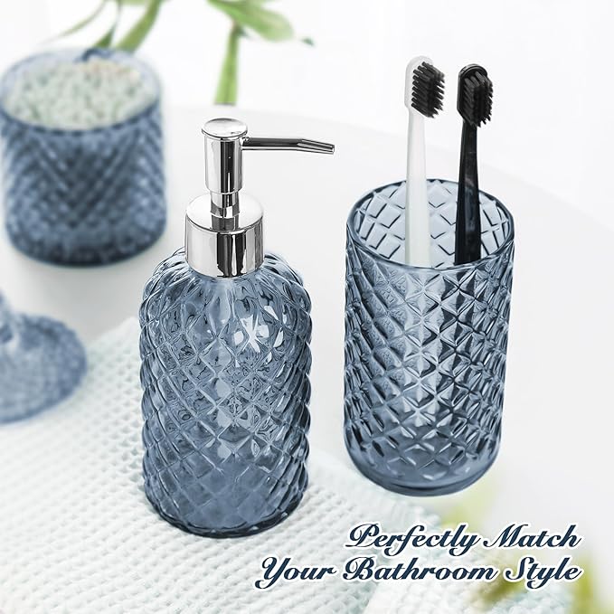 Blue Bathroom Accessories Set, 4 Pack Light Blue Bathroom Decor Accessory Sets Complete, Diamond Glass Soap Dispenser and Toothbrush Holder Set for Bath Counter Organizer Essentials