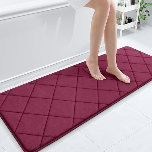 OLANLY Memory Foam Bath Mat 59x20, Ultra Soft and Absorbent Bathroom Rugs, Machine Washable, Comfortable Bath Carpet for Bathroom Floor, Tub and Shower, Burgundy