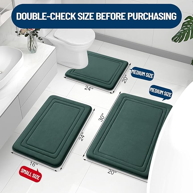 Grandaily Memory Foam Bath Mat Rug 30x20, Ultra Soft, Non-Slip and Absorbent Bathroom Rugs, Machine Wash Dry, Comfortable Bath Carpet for Bathroom Floor, Tub and Shower, Dark Green