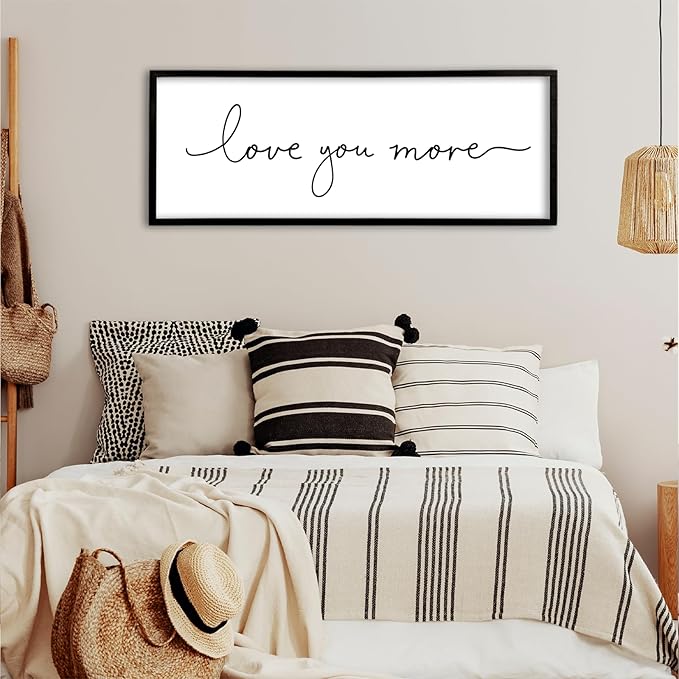 Love You More Sign Wall Decor Art 40"X15" Master Bedroom Guest Room Above Over Bed for Home Couple Rustic Large Wood Framed Wall Hanging (Black)