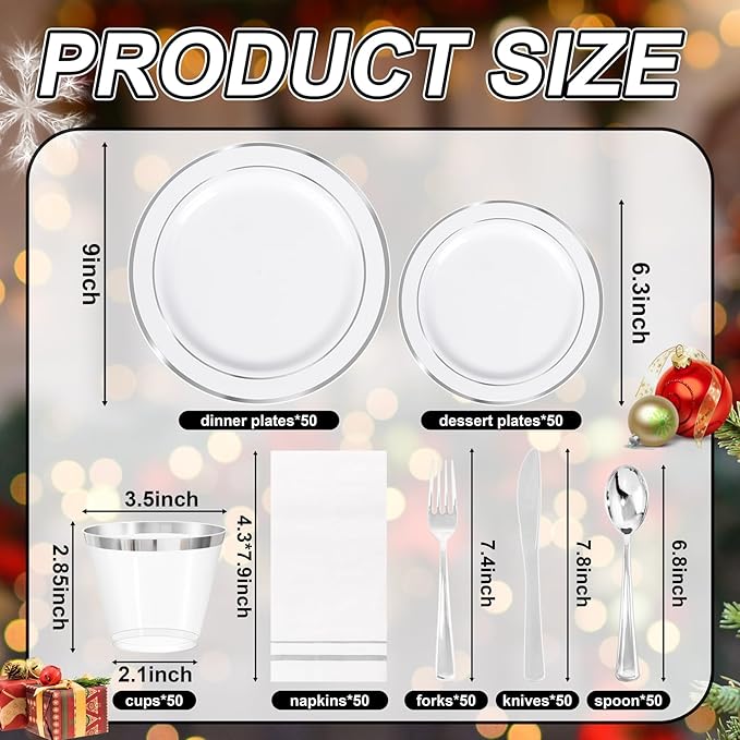 GATHER 350PCS Silver Plastic Plates - White and Silver Disposable Plates for 50 Guests Includes 100 Plate, 50 Napkins, 150 Silvery Cutlery and 50 Cups for Party & Christmas