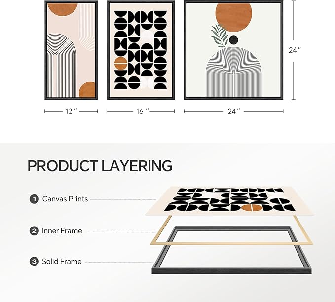 Framed Orange Abstract Wall Art for Living Room, Boho 3 Piece Large Black and White Geometric Canvas Painting Prints, Minimalist Botanical Sun Artworks for Bedroom Hallway Office Wall Decor