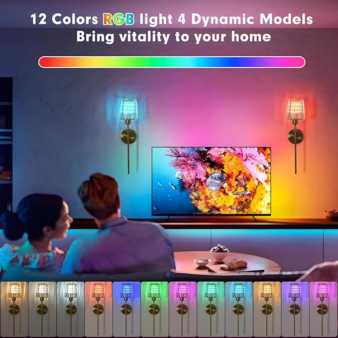 Crystal Battery Operated Wall Sconces, Gold RGB Rechargeable Wireless Wall Sconce with Remote for Wall Decor Bedroom Living Room 1 Bulbs Included