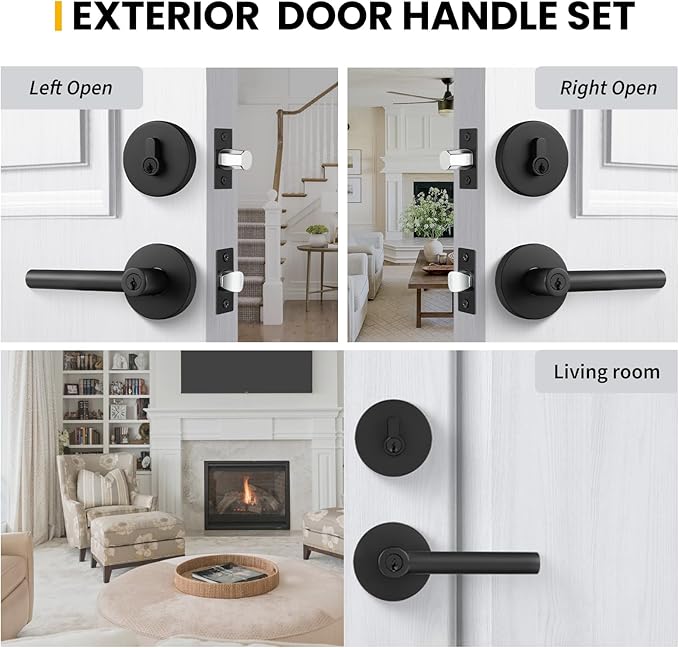 Goldenwarm Exterior Deadbolt and Keyed Entry Door Handle Set, Heavy Duty Zinc Alloy Black Door Lever, Key Entry Front Matte Black Door Handle with Lock and Key(1 Pack)