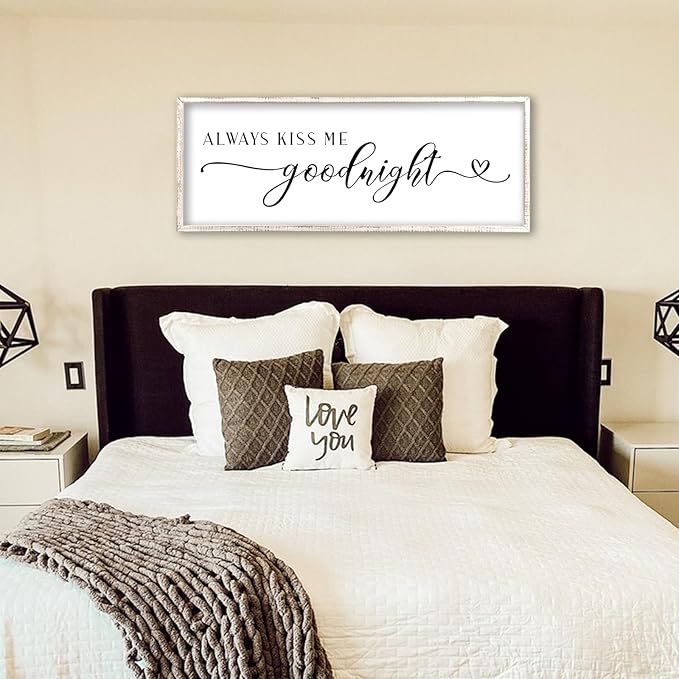 Always Kiss Me Goodnight Sign Wall Decor 40"X15" Master Bedroom Above Bed Large Wooden Framed for Couples Over Bed Wall Hanging Art (White)