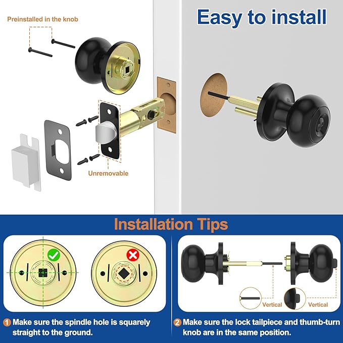 Privacy Door Knob, Matte Black Door Knobs Interior Keyless Locks Set(6 Pack), Bedroom Bathroom Door Knob with Lock, Reversible for Left/Right Door Handle