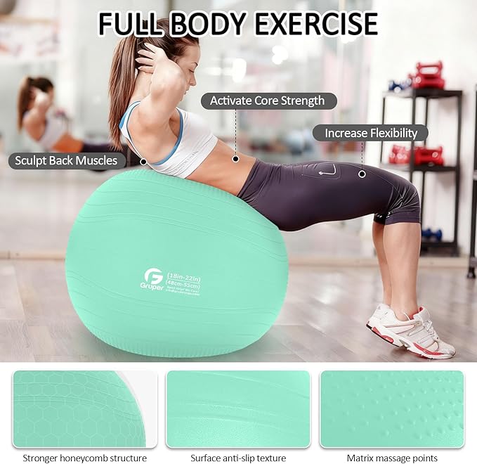 Gruper Yoga Ball, Multiple Sizes Non Slip Exercise Ball for Workout, Birthing, Balance, Stability, Pregnancy, 2200LB Capacity, Anti Burst Chair for Home and Office, Includes Quick Pump & Fitness Guide