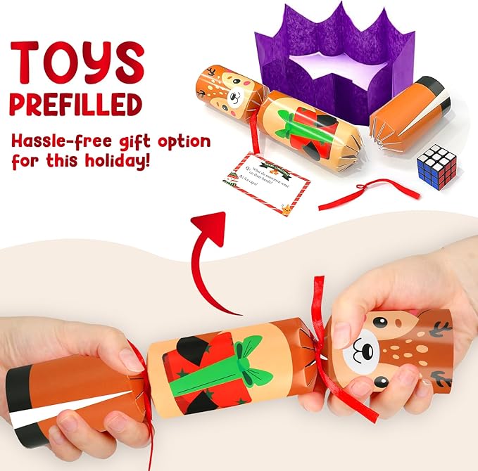 10 Pack Non-Snap Christmas Table Party Favors with Party Hats Joke Little Gifts for Kids Adults, Christmas Cute Characters Design, Xmas Seasonal Holiday Dinner Traditions Supplies