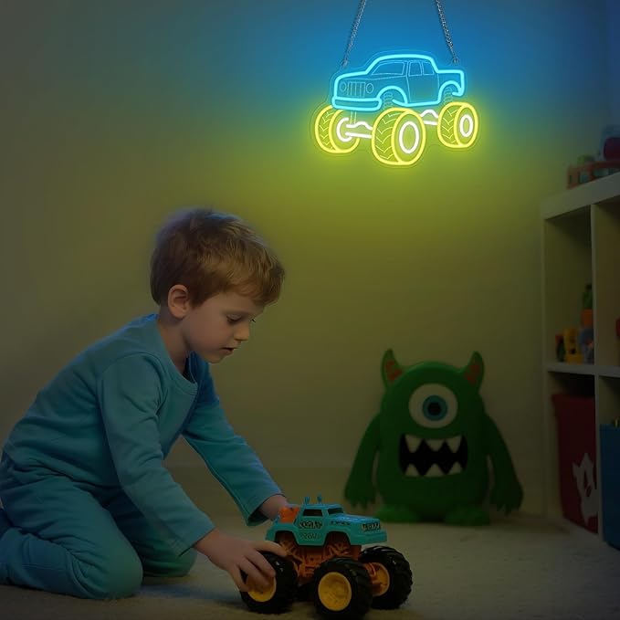YuanDian Monster Truck Neon Sign, Neon Lights for Bedroom Gamer Room Wall Decor, Gift Ideas for Teen Boys Nephew Son Grandson