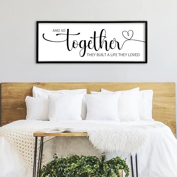 And So Together They Built A Life They Loved Sign Wall Decor 40"X15" Bedroom Above Over Bed Large Wood Framed Love Quotes for Couple Wall Hanging Art (Black)
