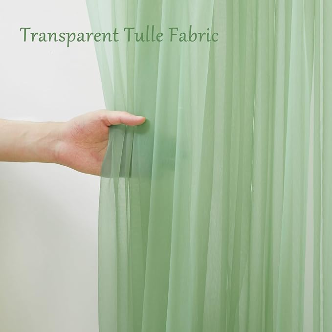 20×10ft Green Tulle Backdrop Curtain with Lights String for Parties, Sheer Photo Backdrop Curtains for Wedding Party Photography Background