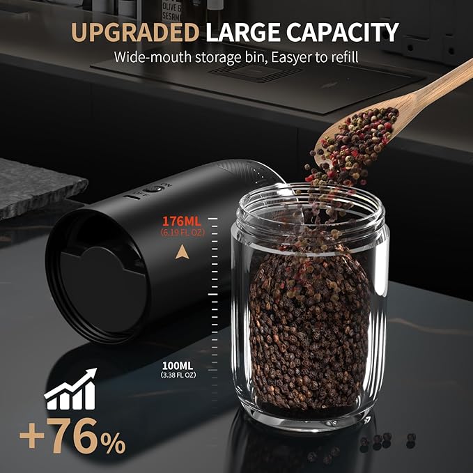 Gravity Automatic Electric Salt and Pepper Grinder Sets with LED Light, Fast Charging, 6 Coarseness, 176ml Capacity