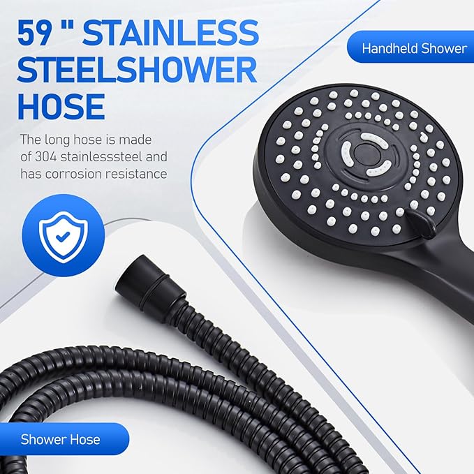 Wide Rain Shower Head With 5 Modes Handheld Showerheads, High Pressure Showerhead Combo with Extension Arm for Bathroom Accessories, Adjustable Shower Head with Anti-Clog Nozzles (Black)