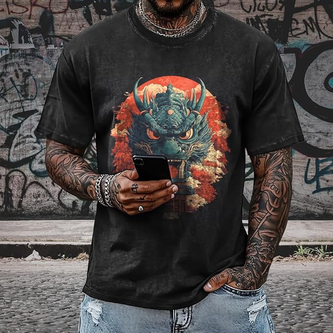 Mens Dragon Grpahic T-Shirts Short Sleeve 100% Cotton Crewneck Big and Tall Outdoor Summer Quick Dry Undershirts