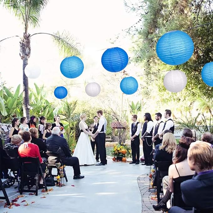 24pcs Hanging Round Paper Lanterns for Wedding Birthday Party Baby Showers Decoration Blue/White