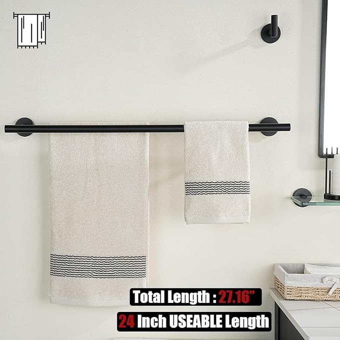 JQK Double Towel Bar 27 Inch, Matte Black Useable Length 24 Inch 304 Stainless Steel Thicken 0.8mm Bath Towel Rack for Bathroom, Towel Holder Wall Mount, TB100L24-PB