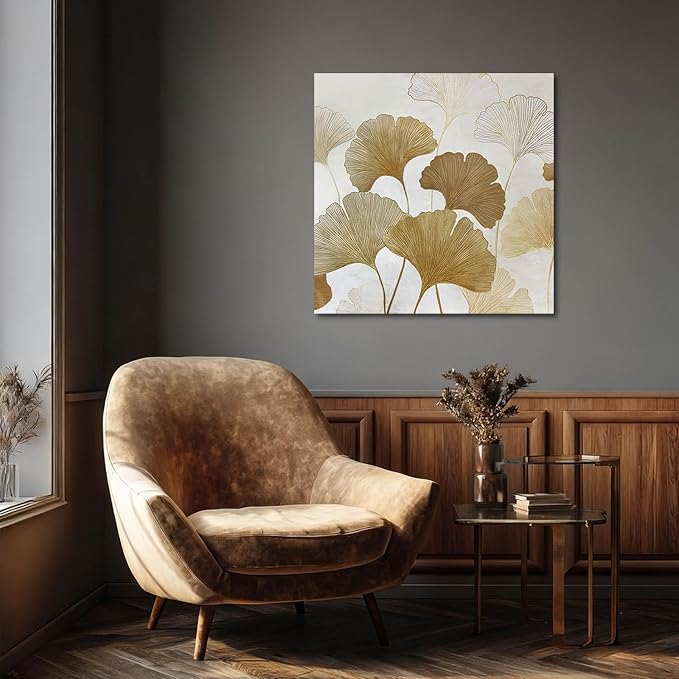 ZENPEE Beige Ginkgo Botanical Wall Art, Canvas Print, Neutral Floral Home Decor for Living Room Bedroom, Ready to Hang, Framed, 24 x 24 Inches