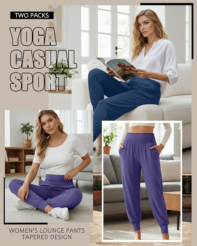 2 Pack Women's Yoga Joggers, Cozy Sweatpants with Pockets Casual Loose Comfy High Waisted Lounge Pants