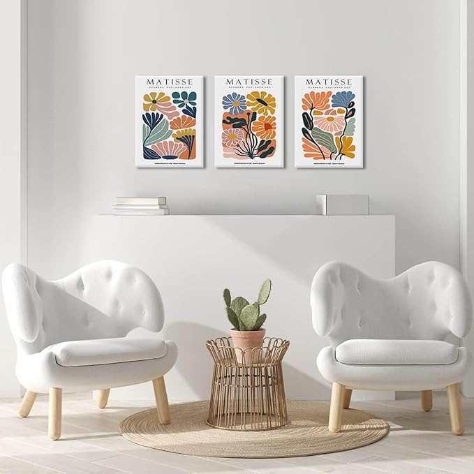 BingruiArt Matisse Wall Art Canvas Colorful Boho Flower Poster Abstract Pictures Set of 3 Minimalist Plant Leaves Painting Prints Decor Aesthetic for Living Room Bedroom Dorm 12"x16" Framed