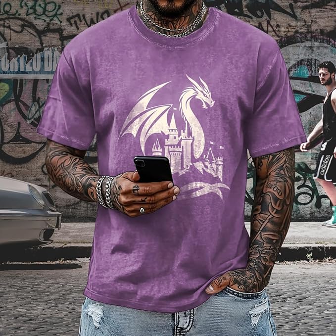Mens Dragon Grpahic T-Shirts Short Sleeve 100% Cotton Crewneck Big and Tall Outdoor Summer Quick Dry Undershirts