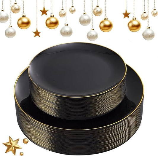 KIRE 60PCS Black Plastic Plates - Black Disposable Plates with Gold Rim for Halloween Party/Graduation - Include 30Pcs 10.25inch for Dinner and 30Pcs 7.5inch for Dessert