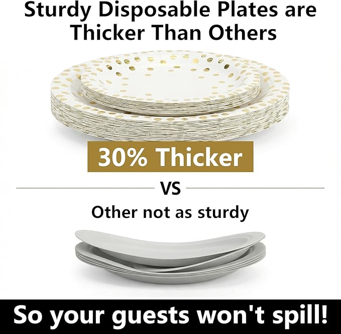 201 PCS Disposable Paper Plates Gold Party Supplies, Golden Polka Dots Birthday and Baptism Decorations, include Plates and Cups, Napkins, Plastic Tablecloth for Baby Shower Wedding Christmas