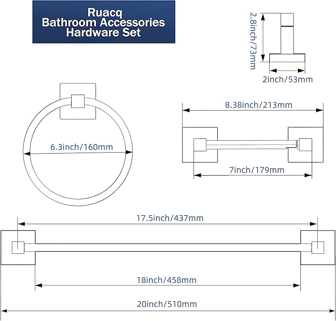 RUACQ 3 Pieces Bathroom Hardware Set, SUS 304 Stainless Steel Toilet Paper Holder, Towel Ring, 18-inch Towel Bar Set, Wall Mounted, Heavy Duty (Matte Black)