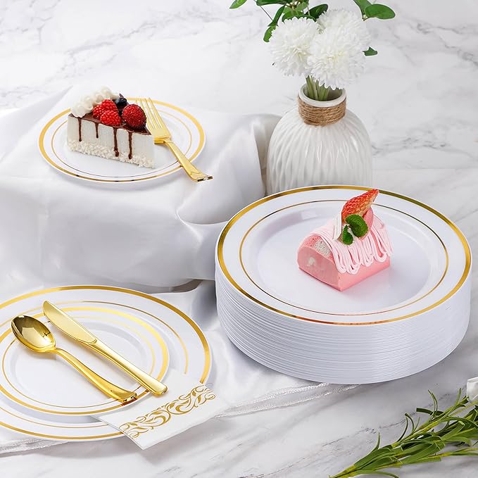 Goodluck 175 Piece Gold Dinnerware Set for 25 Guests, Plastic Plates Disposable for Party, Include: 25 Dinner Plates, 25 Dessert Plates, 25 Paper Napkins, 25 Cups, 25 Gold Silverware Set