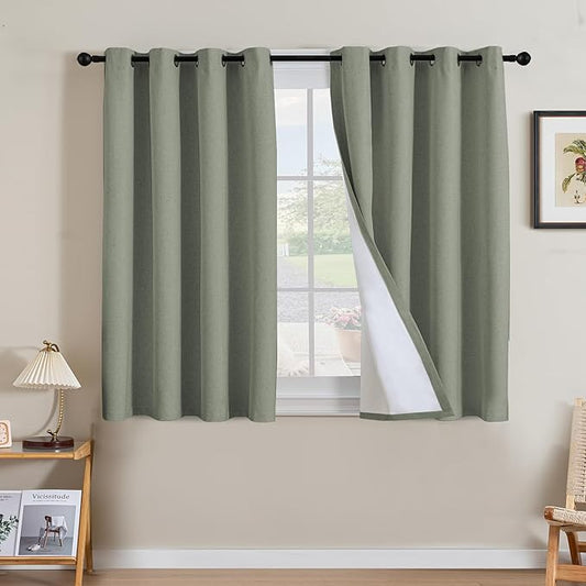 H.VERSAILTEX Linen Curtains 100% Blackout Curtains for Bedroom 45 inch Long Full Light Blocking Nature Linen Blended Window Curtains for Living Room Nickel Grommet (2 Panels, Heathered Dried Sage)