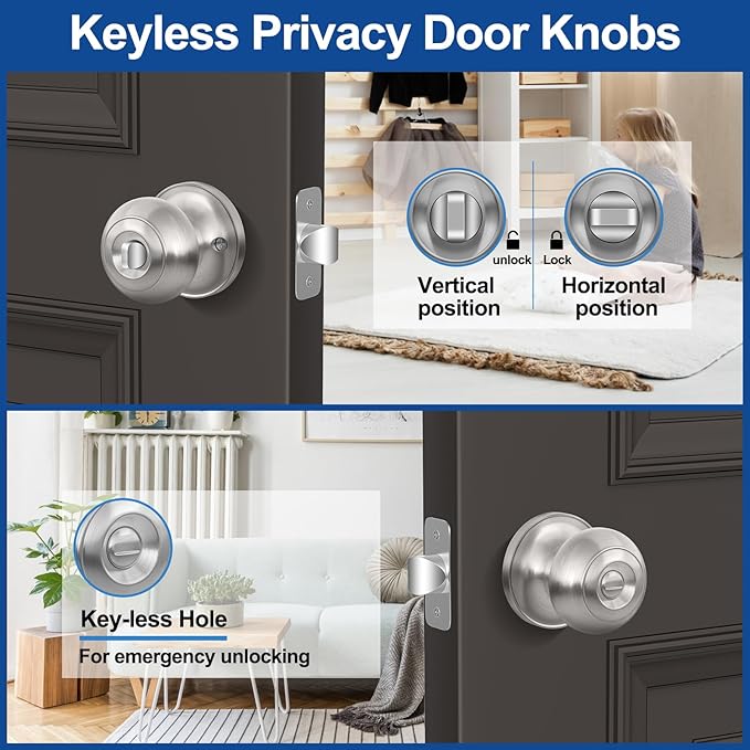 Privacy Door Knob, Brushed Nickel Door Knobs Interior Keyless Locks Set(6 Pack), Bedroom Bathroom Door Knob with Lock, Reversible for Left/Right Door Handle