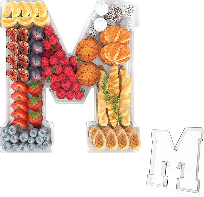 13.8" Acrylic Letter Charcuterie Tray, Charcuterie Letters Fillable Box for Food, Reusable Serving Cake Candy Dish Display Tray for Birthday Anniversary Party Decoration (Letter M)