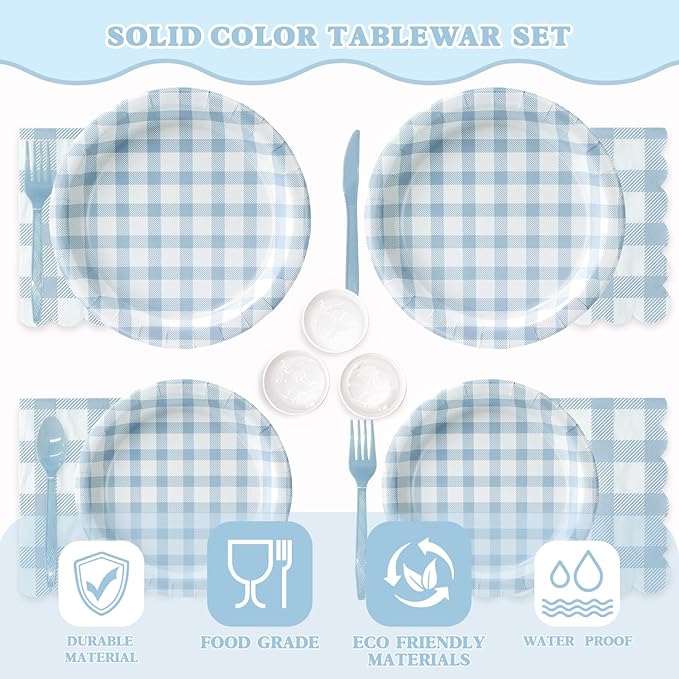 Vyntra 350 PCS Blue Gingham Party Supplies, Disposable 7 & 9 In Plates and Napkins, Cups, Knives, Forks, Spoons for Boy Birthday, Summer Picnic, Pool Party (Blue, Serves 50)