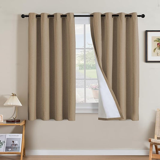 H.VERSAILTEX Linen Curtains 100% Blackout Curtains for Bedroom 54 inch Long Full Light Blocking Nature Linen Blended Window Curtains for Living Room Nickel Grommet (2 Panels, Heathered Macchiato)