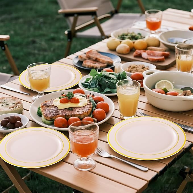 GATHER 350PCS Pink Plastic Plates - Disposable Plastic Dinnerware Set Include 100 Pink Plates, 150 Silverware, 50 Napkins, 50 Cups for Party & Wedding